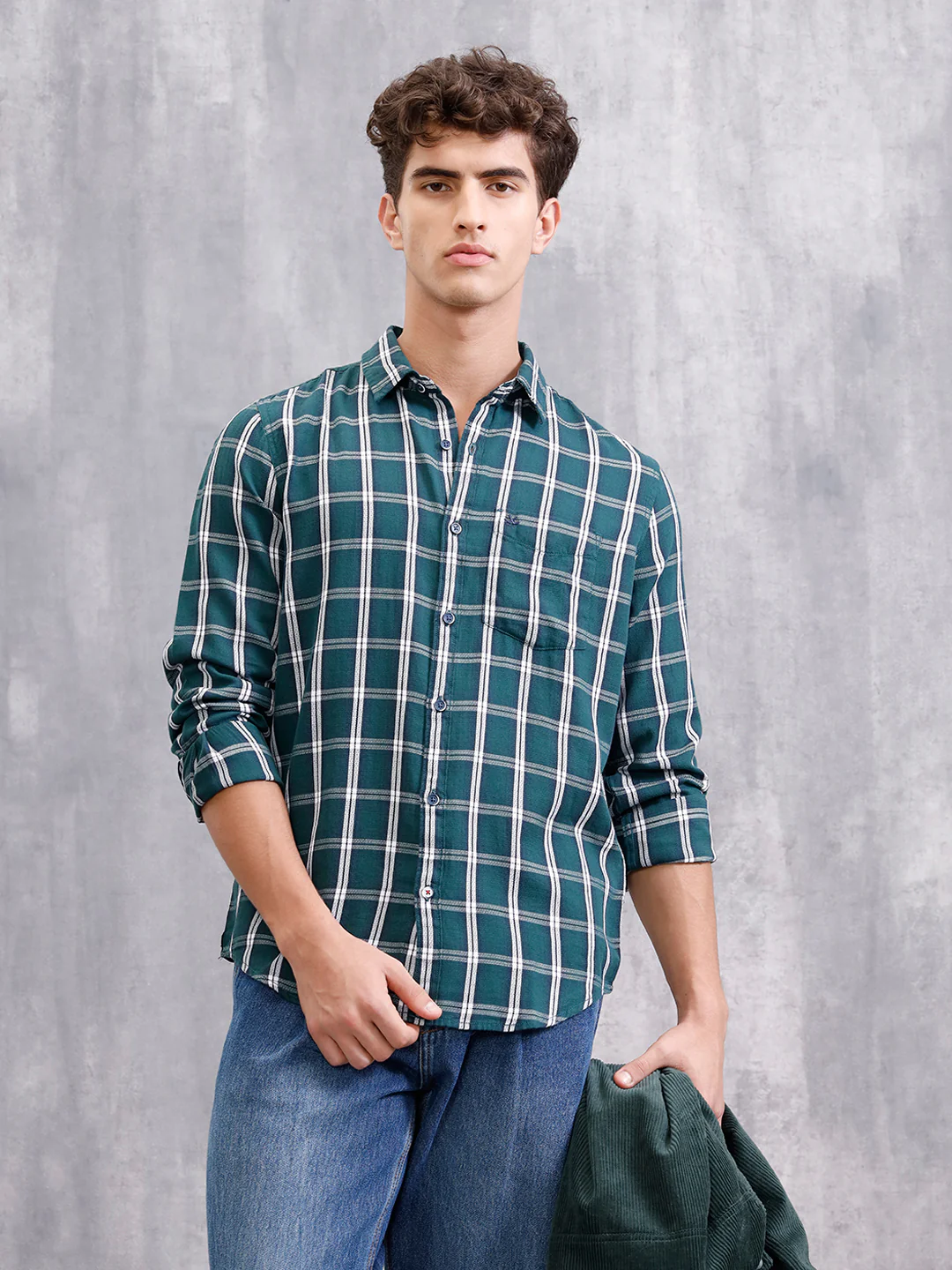 Textured Cotton Dobby Check Shirt | Green - Image 2
