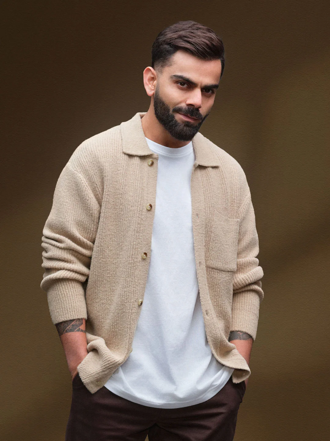 Textured Knit Button-Down Sweater | Beige