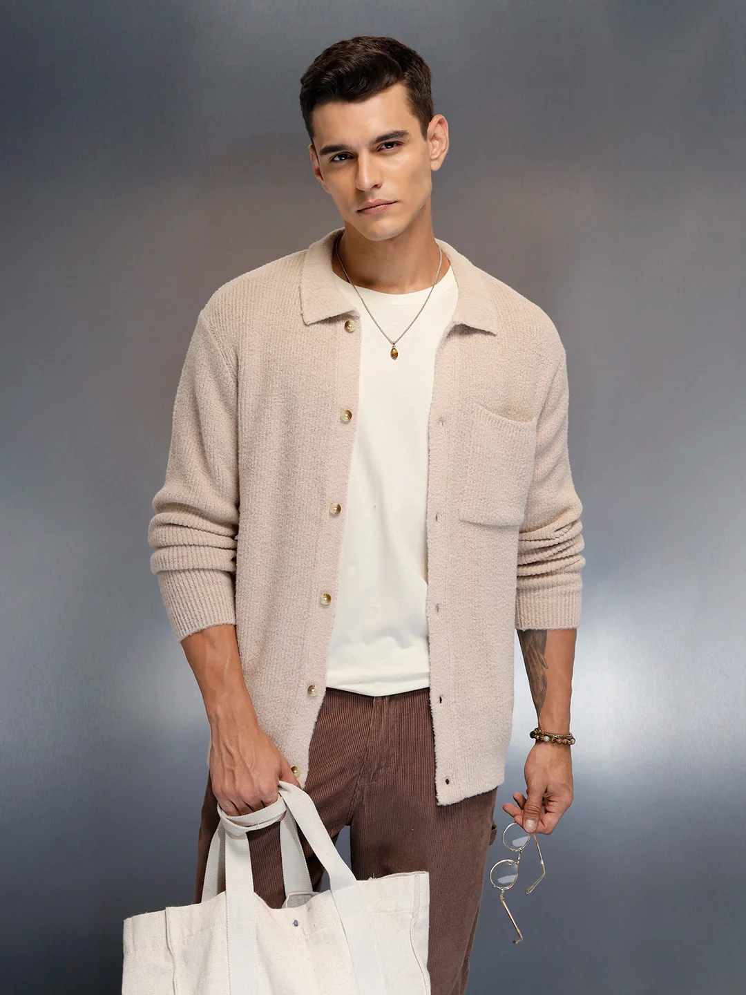 Textured Knit Button-Down Sweater | Beige - Image 4