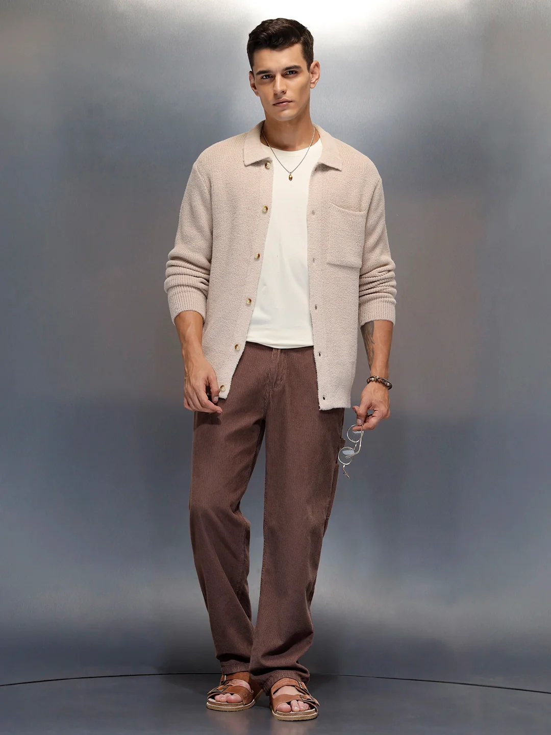 Textured Knit Button-Down Sweater | Beige - Image 5