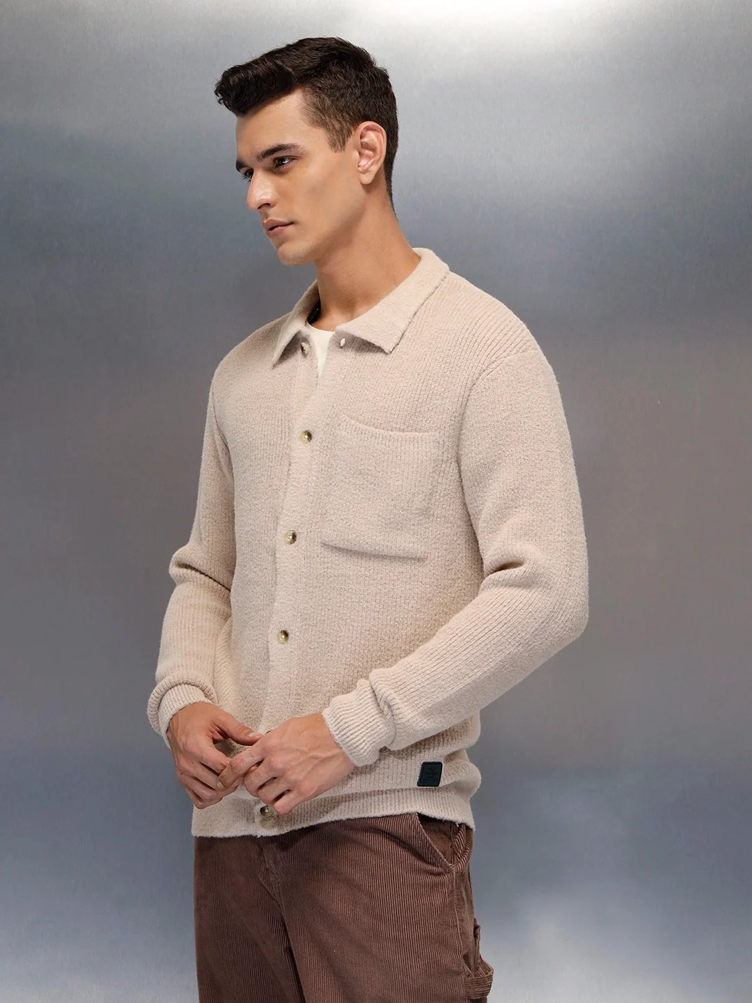 Textured Knit Button-Down Sweater | Beige - Image 7