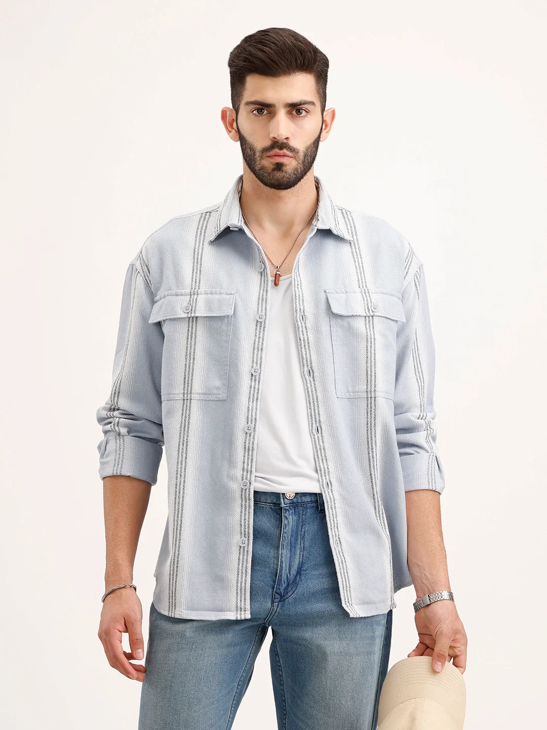 Textured Oversized Double Pocket Shirt | Blue