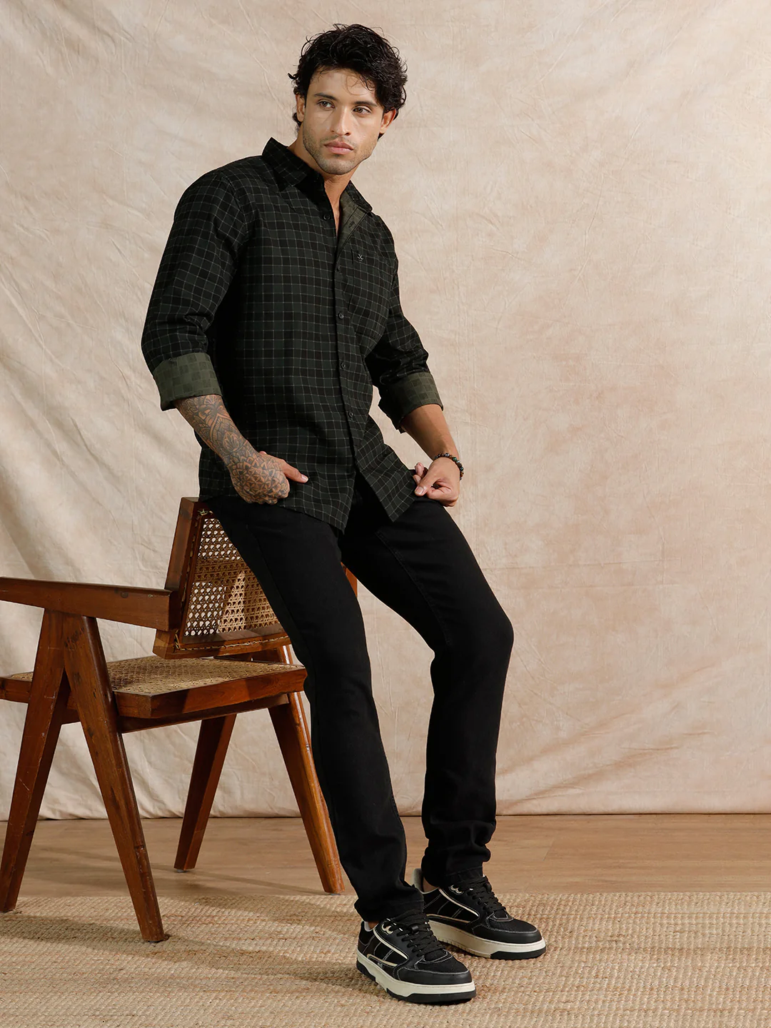 Textured Printed Checks Regular Fit Shirt | Dark Green - Image 2