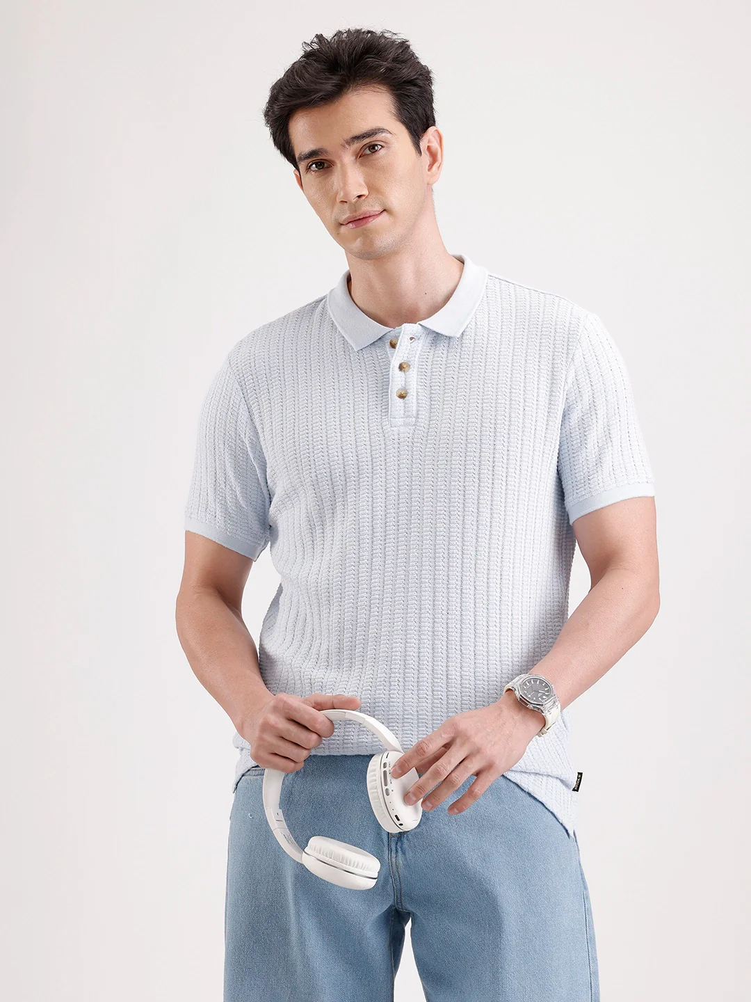 Textured Slim Fit Polo T-Shirt | Light Blue