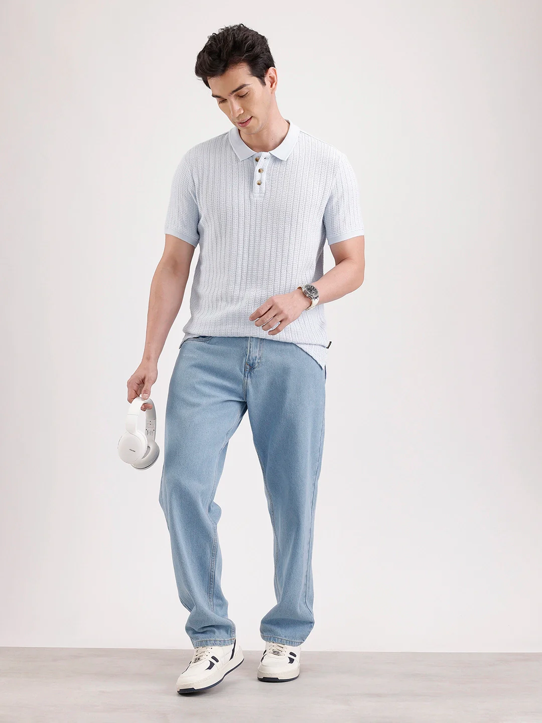 Textured Slim Fit Polo T-Shirt | Light Blue - Image 2