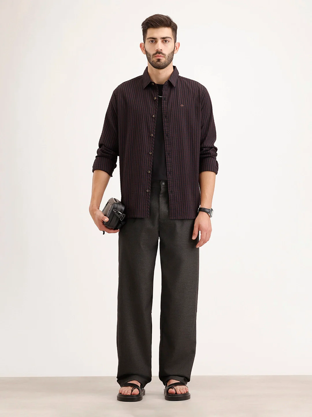 Textured Slim Fit Striped Shirt | Black - Image 2