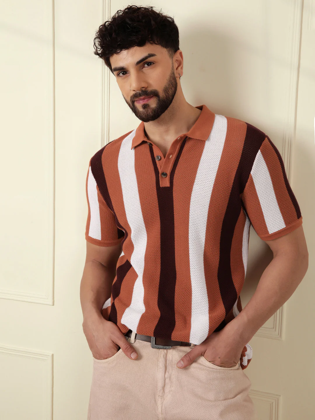 Flat Knit Striped Polo | Rust