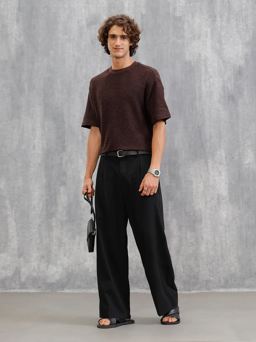 Two Tone Textured Slub Knit Oversized Crew Neck T-Shirt With Chunky Rib | Brown - Image 2