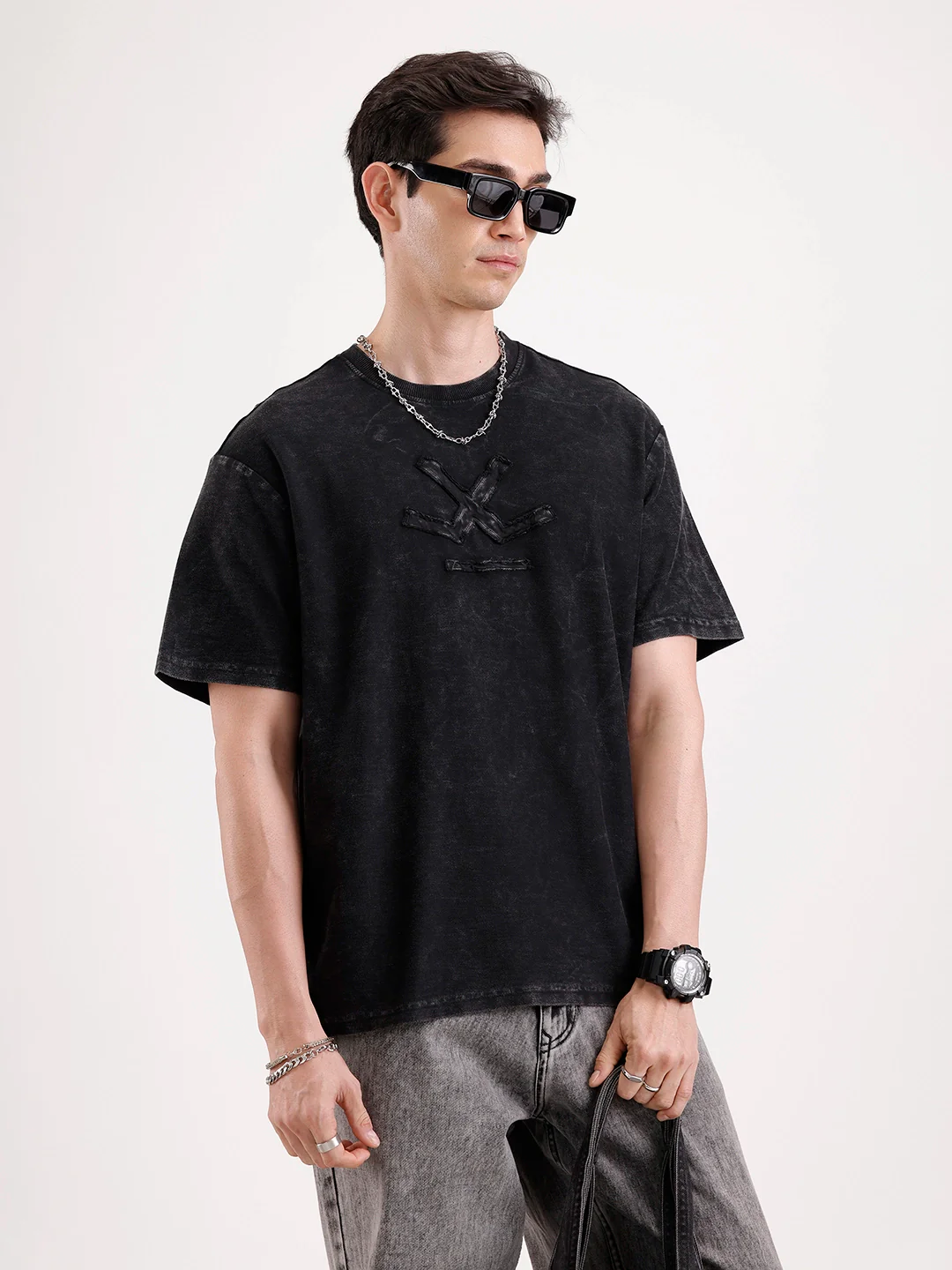 Washed Embroidery Patch T-Shirt | Black - Image 3