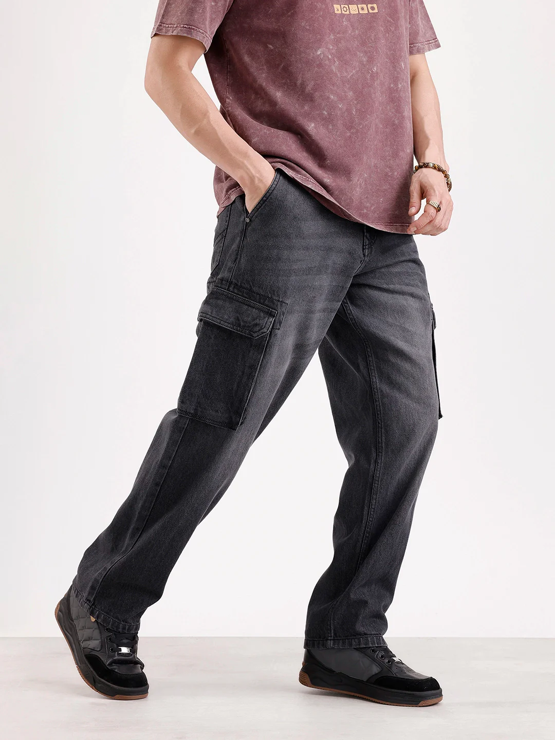 Washed Loose Fit Cargo Denim | Grey