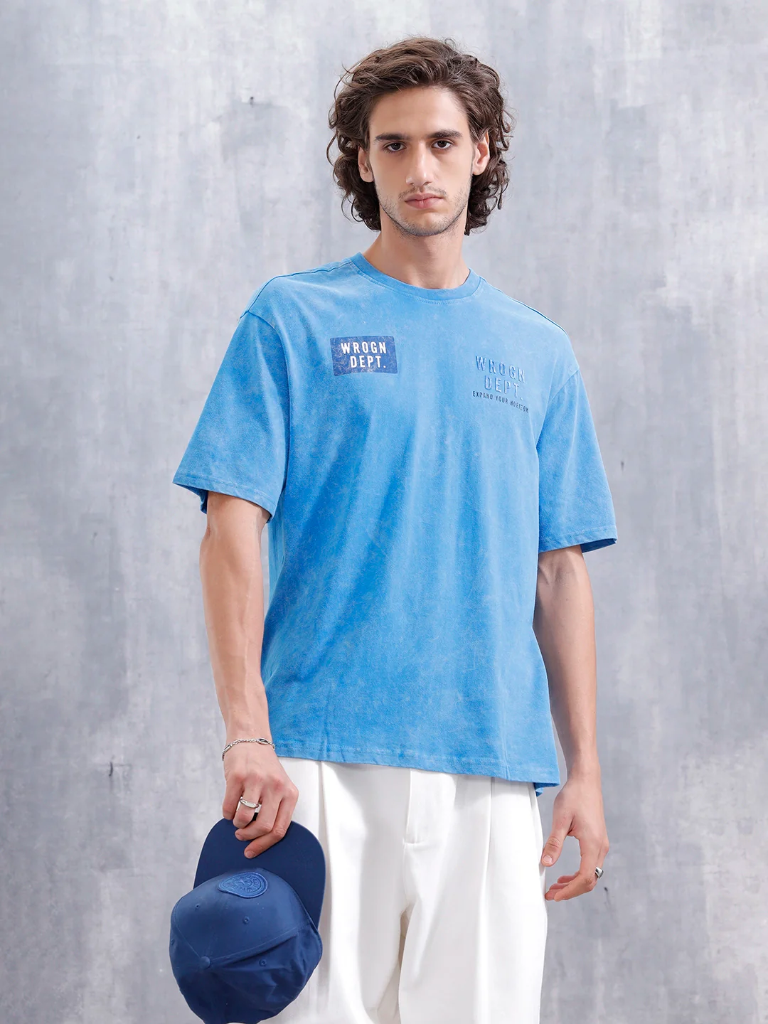 Washed Oversized Crew Neck Tshirt With Print | Blue - Image 2