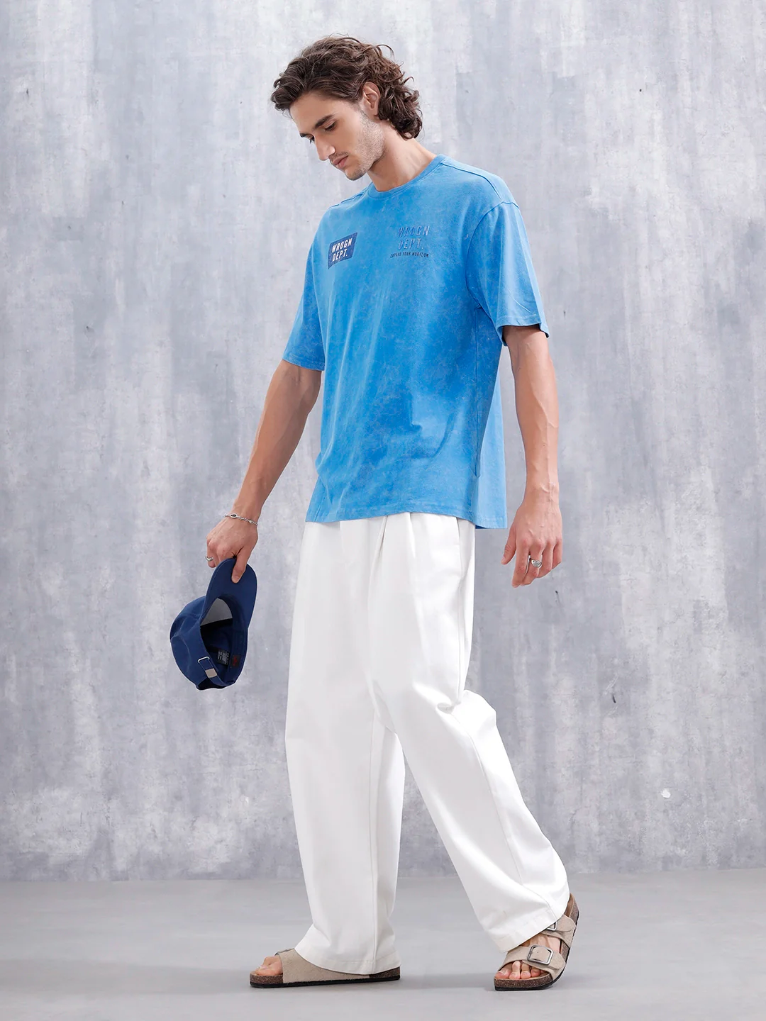 Washed Oversized Crew Neck Tshirt With Print | Blue - Image 3