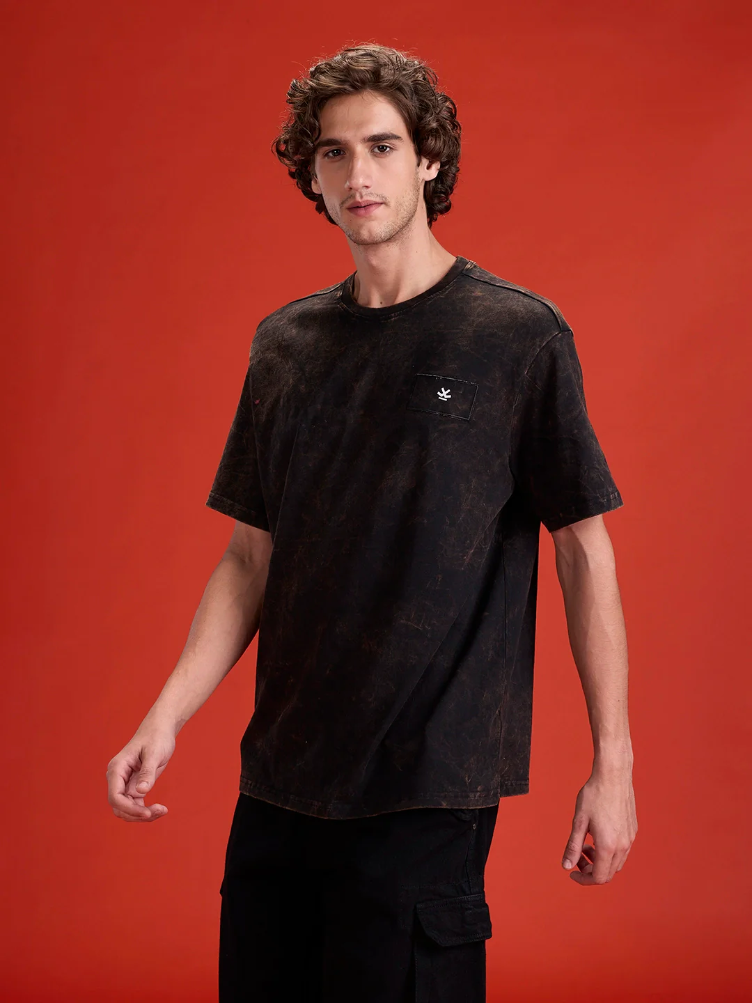 Washed Oversized Fit Tee With Logo Embroidery Patch | Black