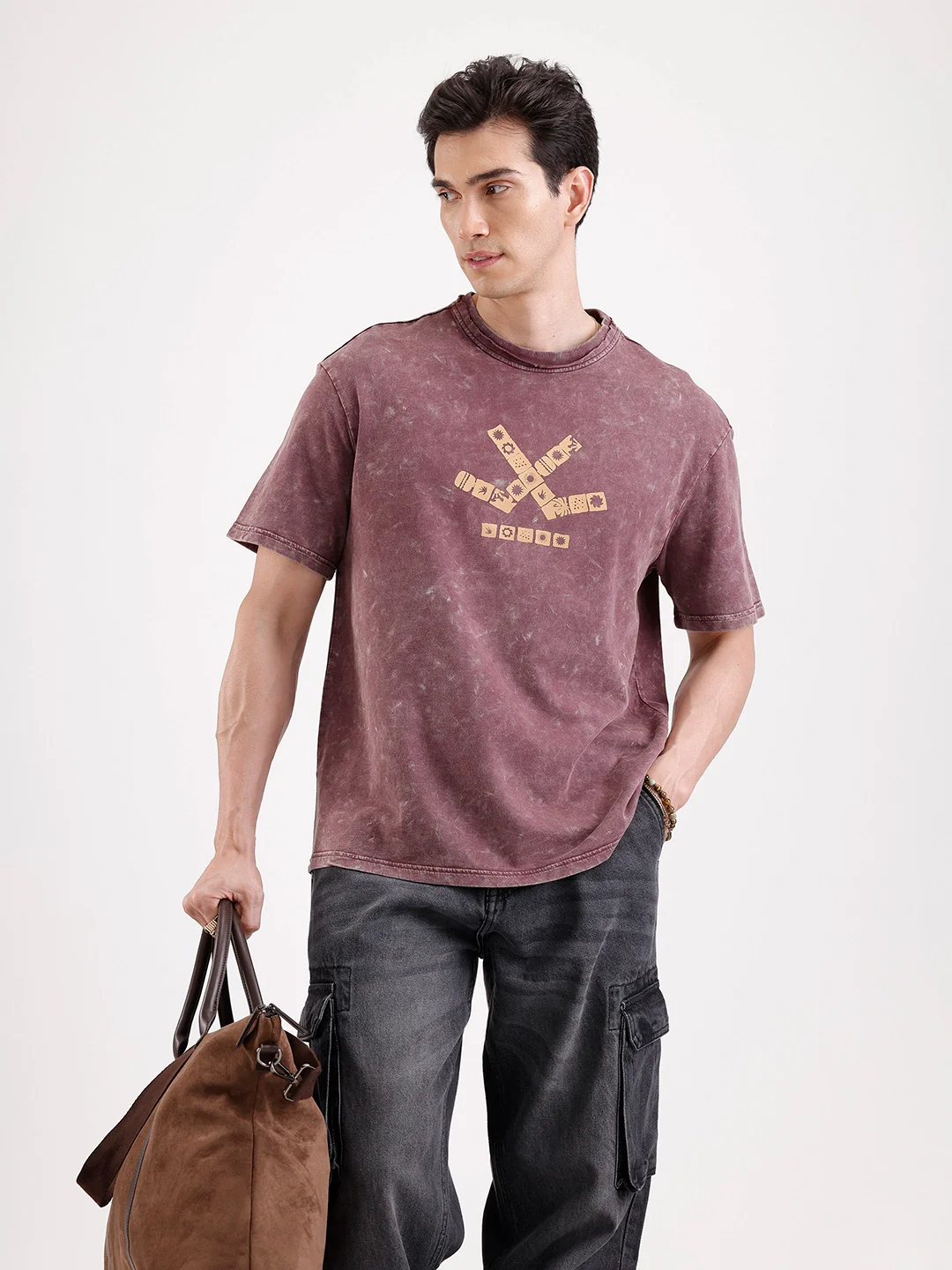 Washed Placement Printed Oversized T-Shirt   |  Maroon - Image 2