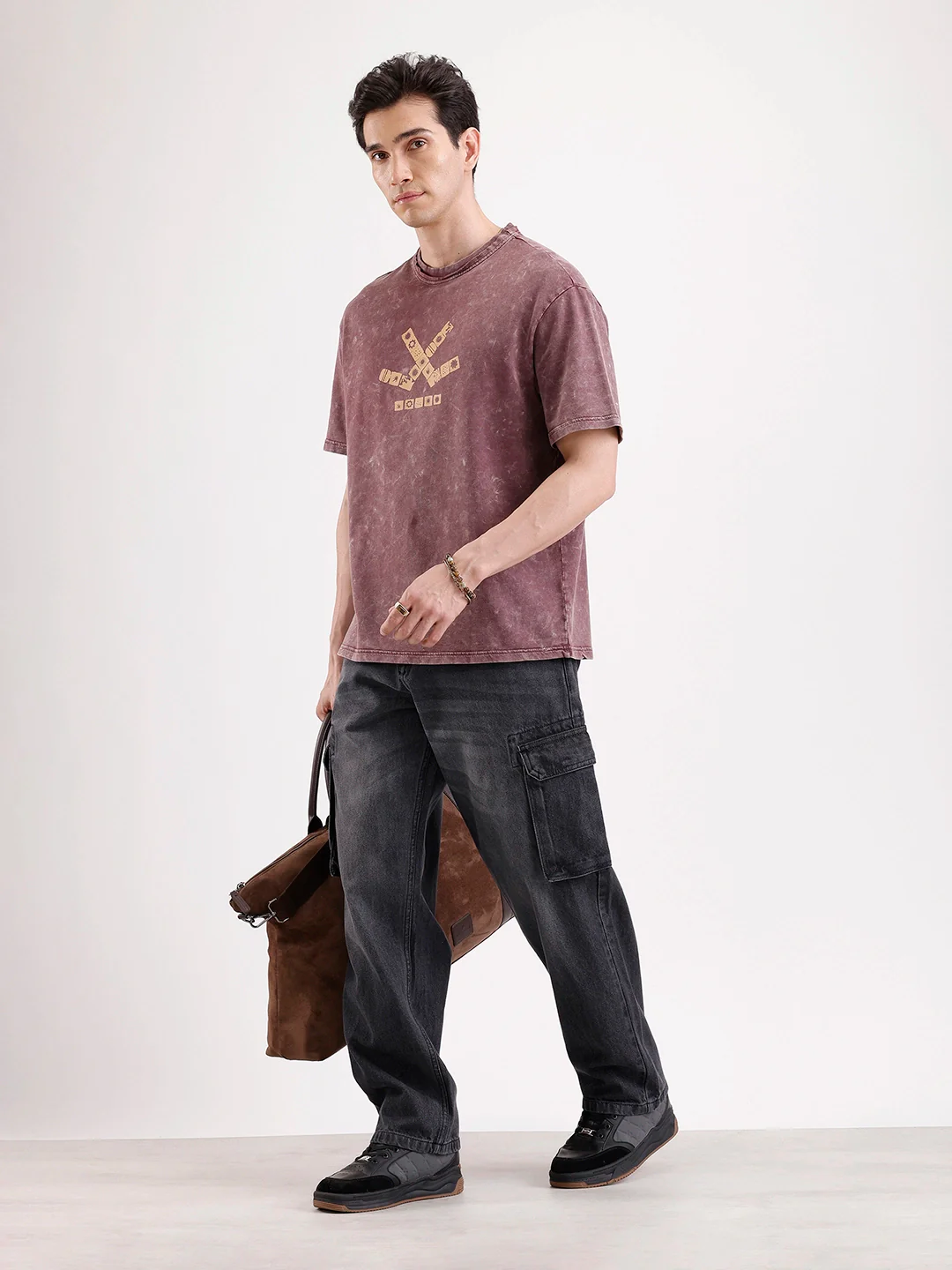 Washed Placement Printed Oversized T-Shirt   |  Maroon - Image 3