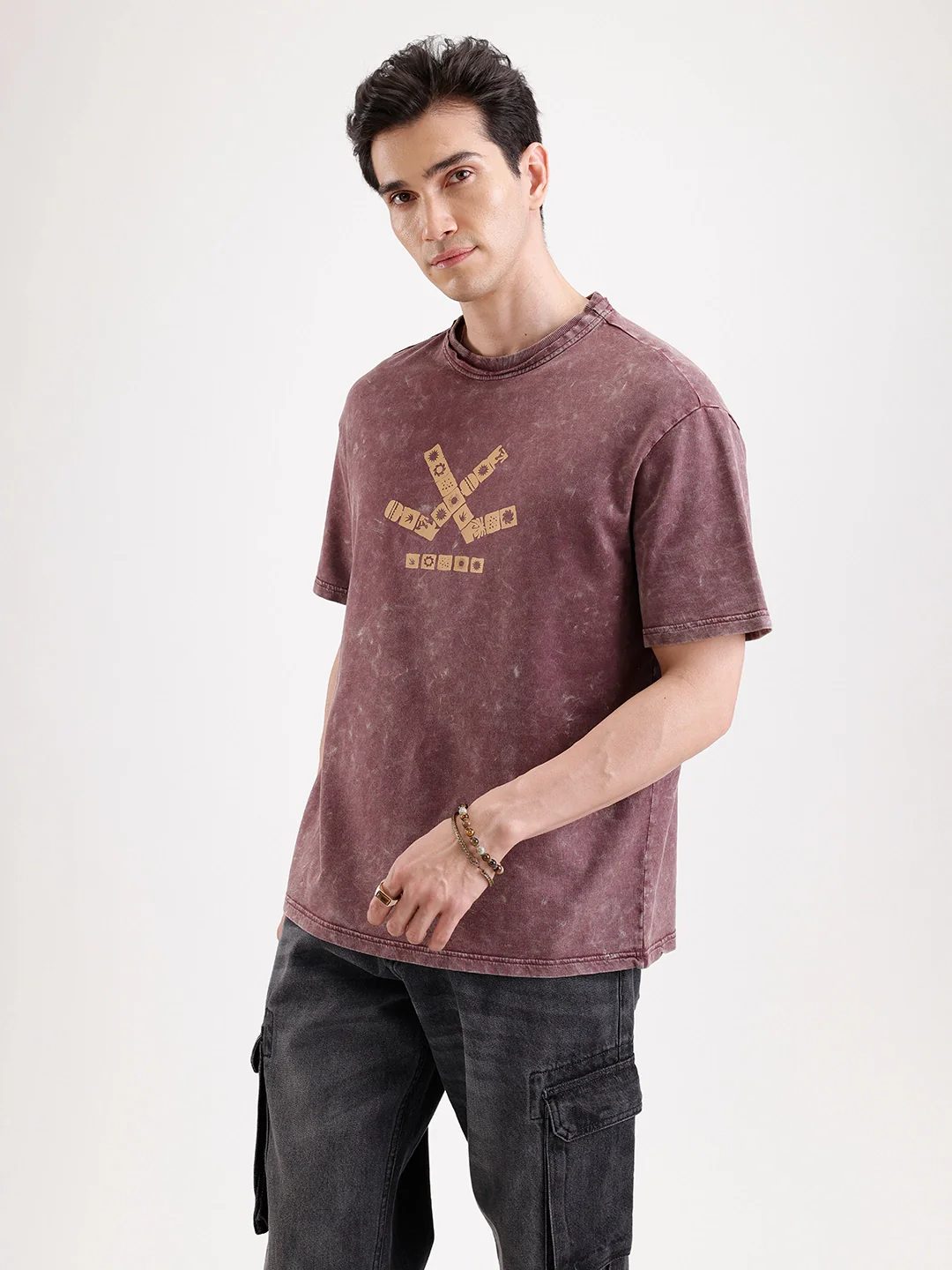 Washed Placement Printed Oversized T-Shirt   |  Maroon - Image 5