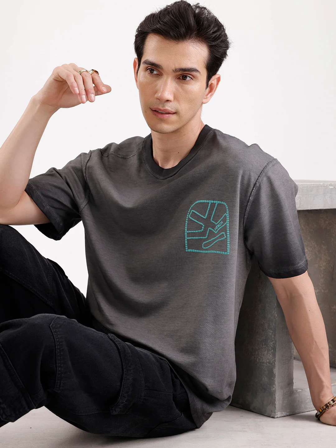 Washed Puff Printed Oversized T-Shirt | Black