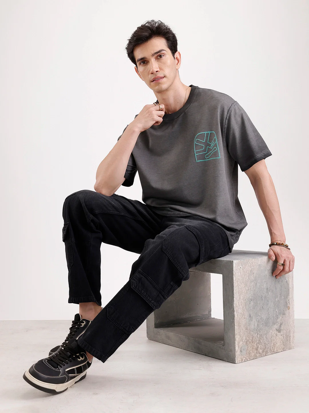 Washed Puff Printed Oversized T-Shirt | Black - Image 2