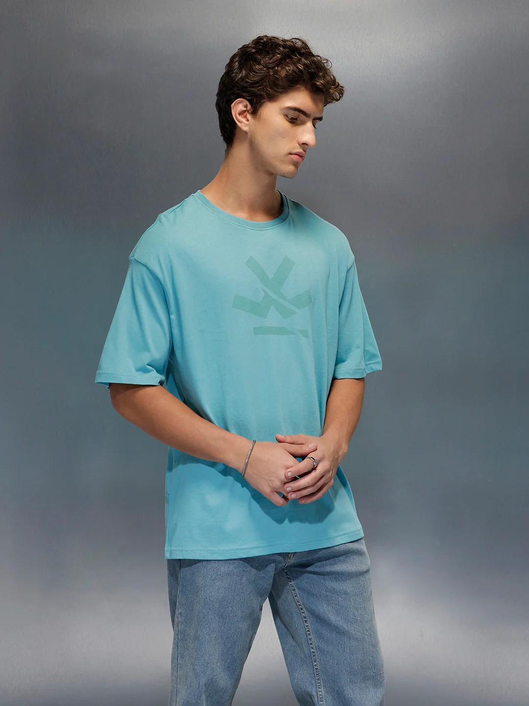 Wrogn Branded Oversized Casual Tee | Teal - Image 4