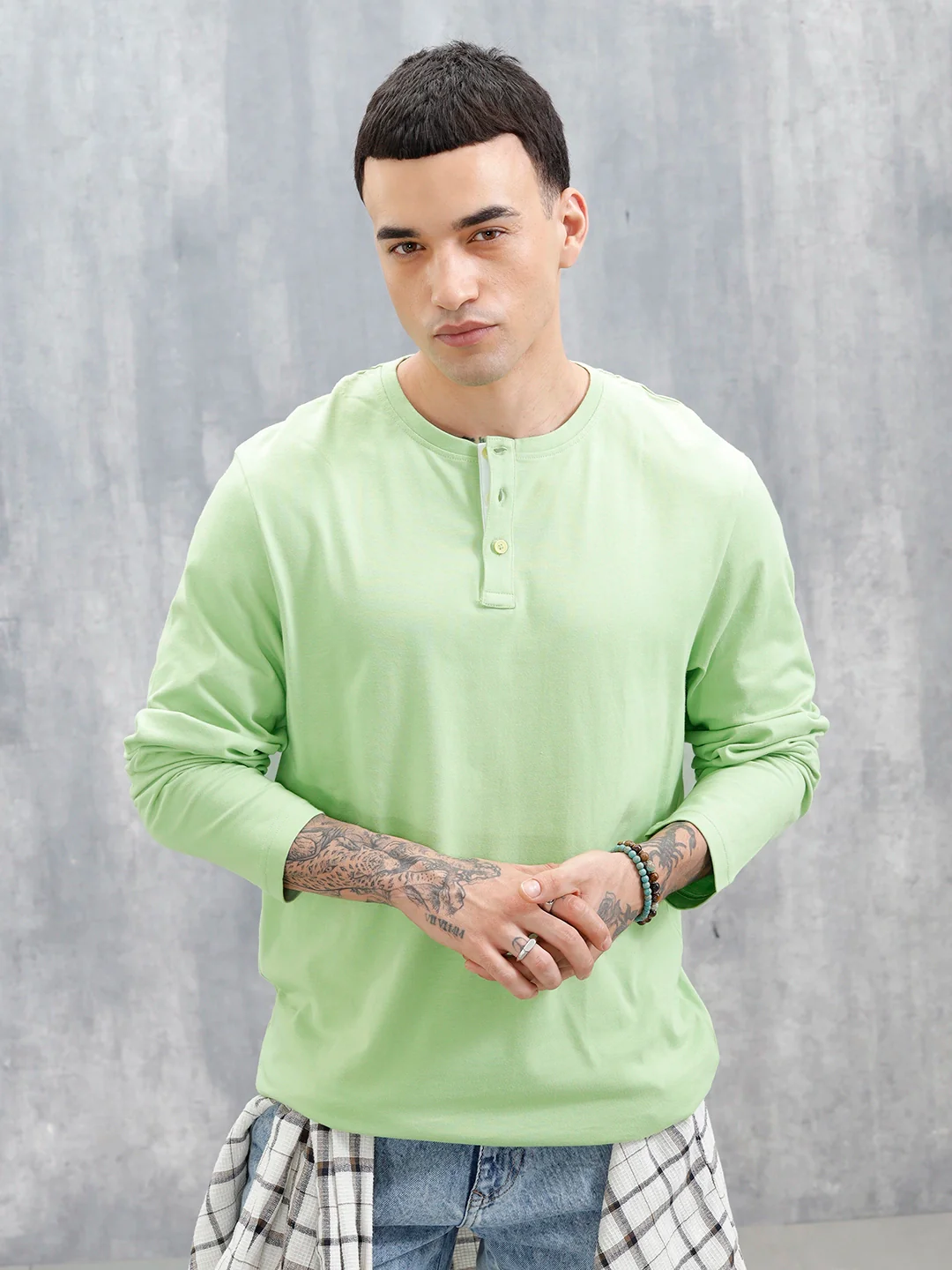 Wrogn Classic Henley T-Shirt For Men's | Green