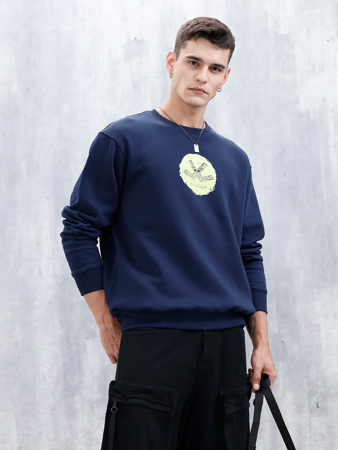 Wrogn Comfort Fit Graphic Sweatshirt For Men | Navy Blue