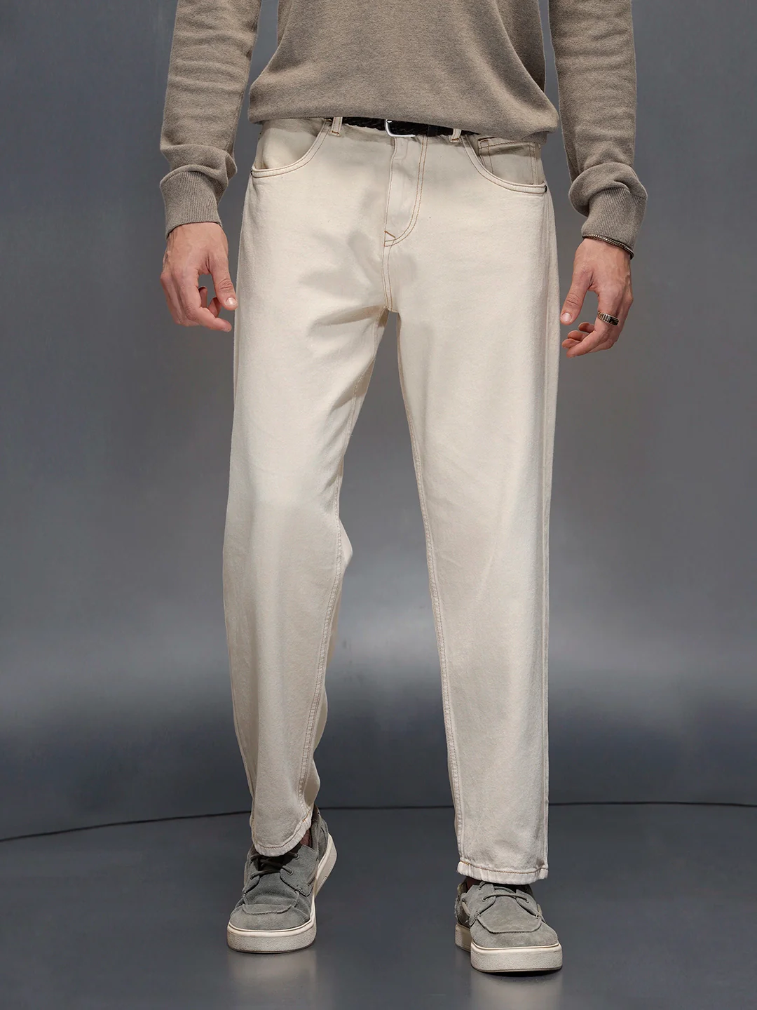 Wrogn Men's Casual Loose Fit Jeans with Contrast Stitch Detail | Khaki