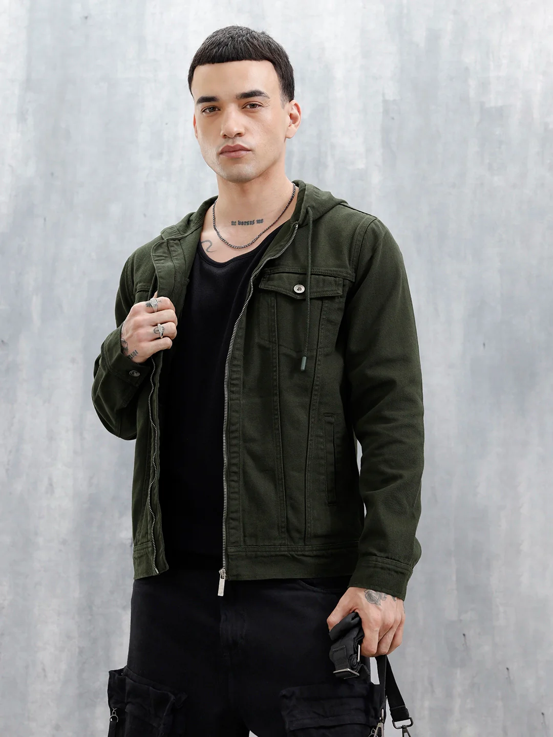 Wrogn Men's Casual Zip-Up Hooded Jacket | Olive