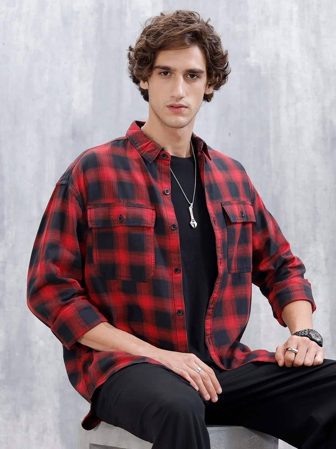 Wrogn Men's Drop-Shoulder Checked Oversized Casual Shirt | Red