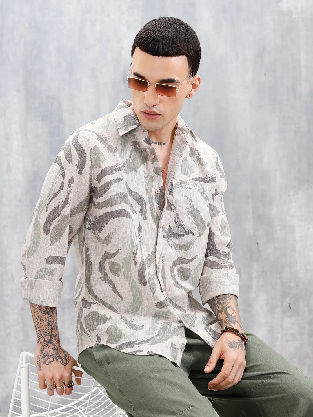 Wrogn Men's Printed Slim Fit Shirt | Light Green