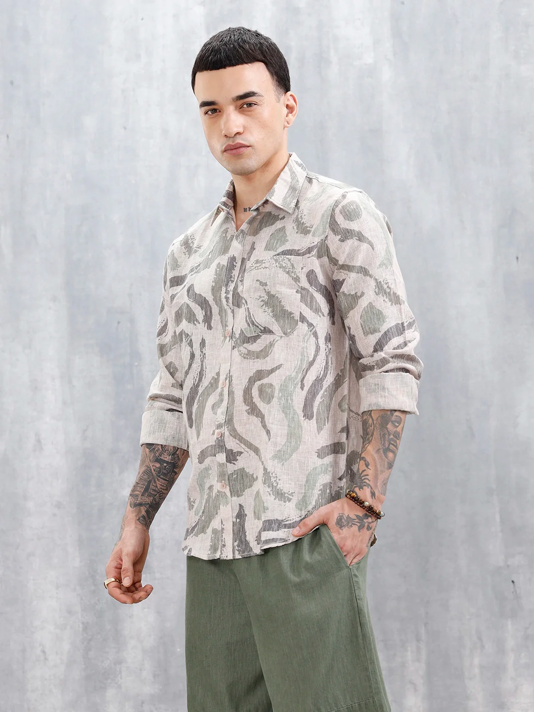 Wrogn Men's Printed Slim Fit Shirt | Light Green - Image 4