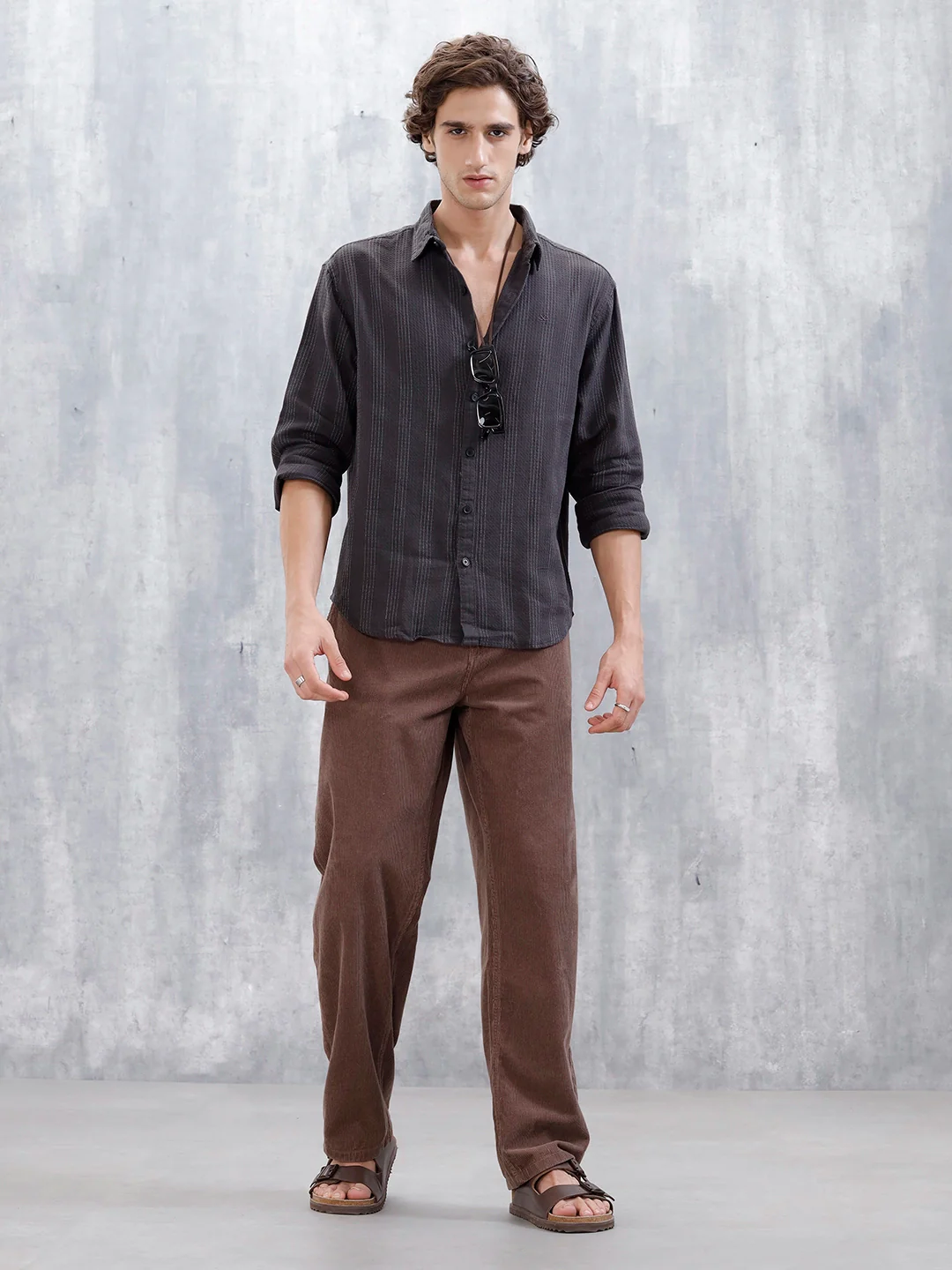 Wrogn Men's Self Stripe Structured Shirt | Dark Grey - Image 2