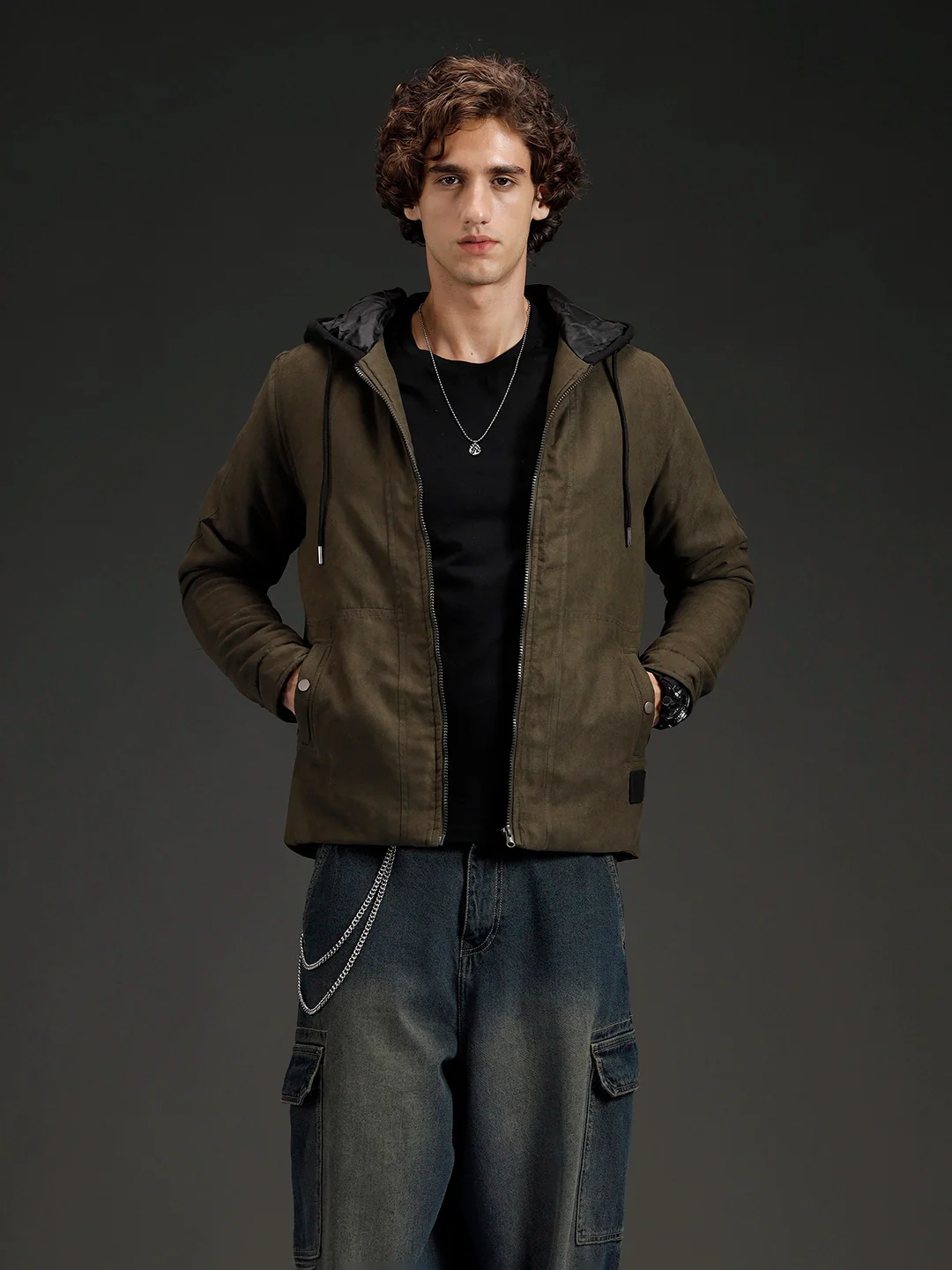 Wrogn Men's Slim Fit Hooded Jacket | Olive